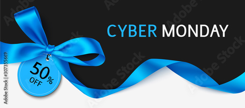 Cyber monday sale design template. Black banner with blue and long ribbon. Vector illustration