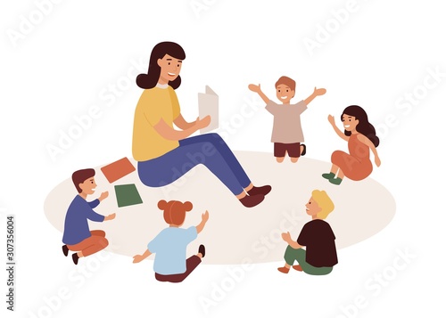 Smiling kindergarten teacher and kids flat vector illustration. Woman tutor and preschoolers reading in nursery. Babysitter and children cartoon characters. Primary education, preschool development.