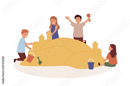 Happy children playing in sandbox flat vector illustration