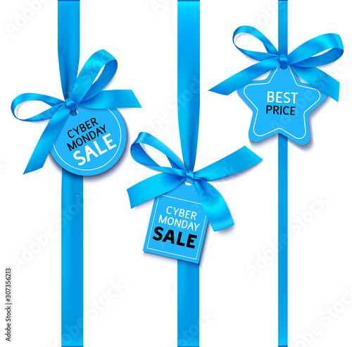  Cyber monday sale design template. Blue bow with price tag. Vector illustration