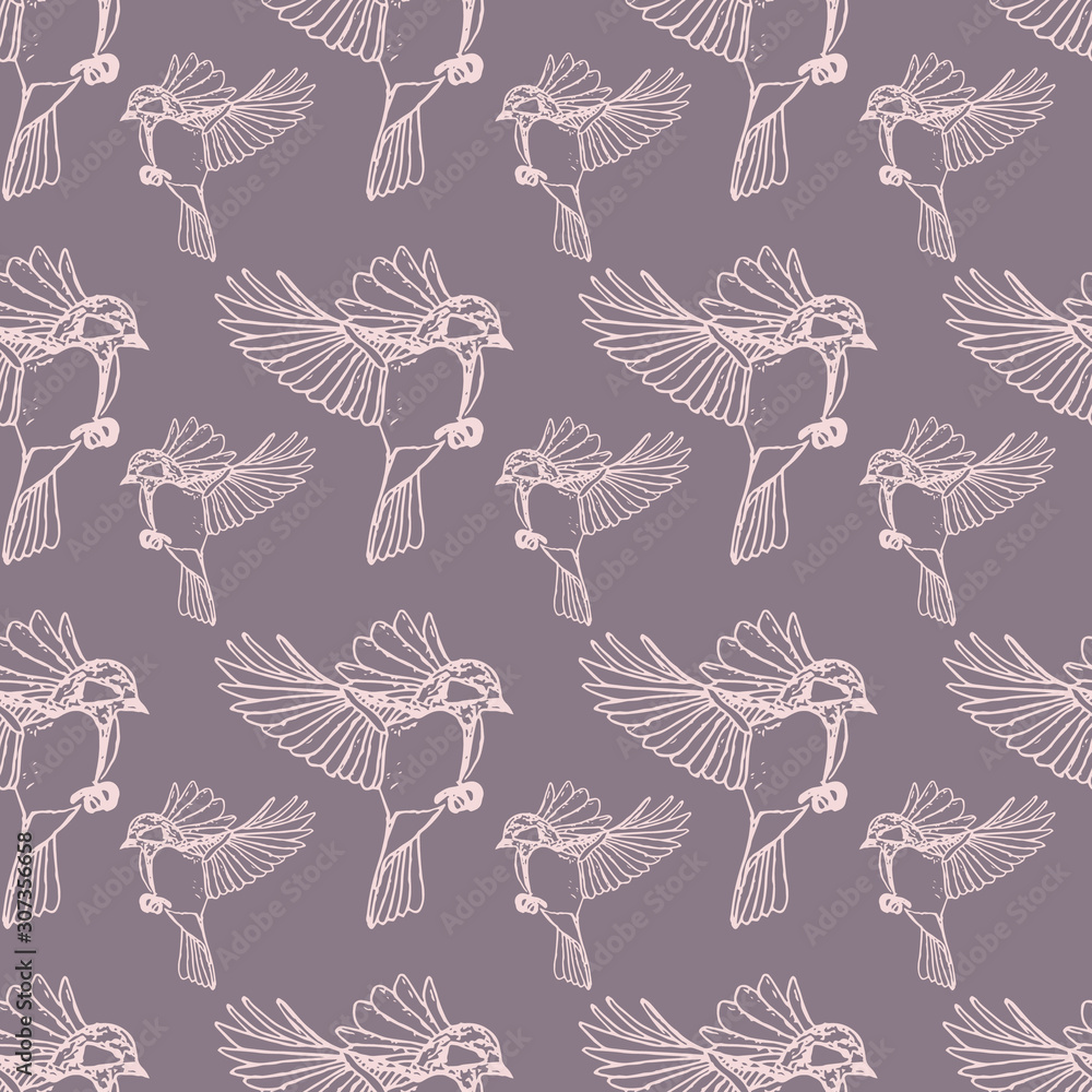 Vector repeat pattern with flying birds on dark purple background. Hand-drawn style. One of 