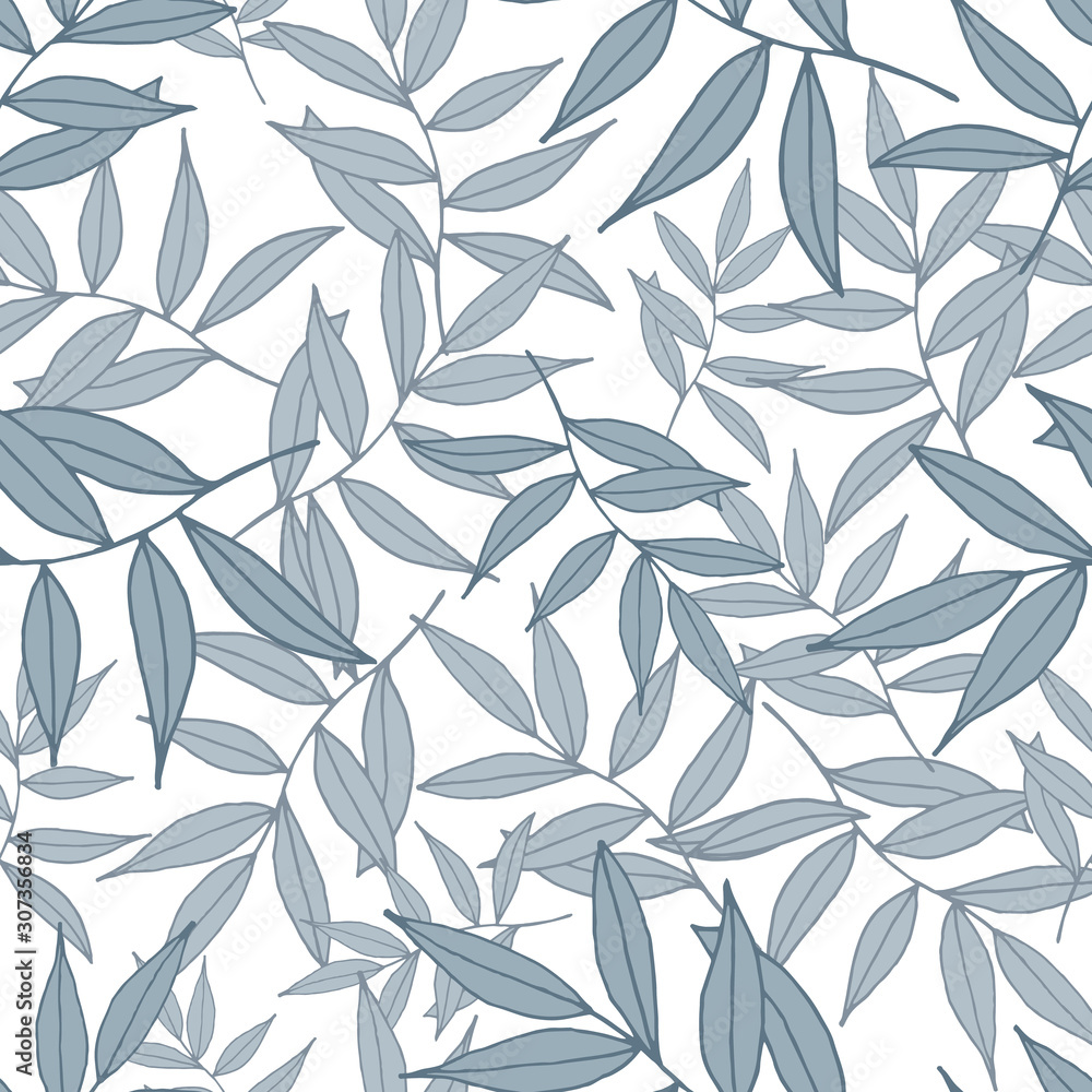 Hand-drawn vector repeat pattern with leaves of ash tree on white background.