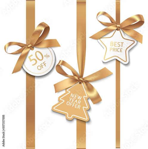  Set of New year sale decorations. Golden bow with price tag. Vector illustration