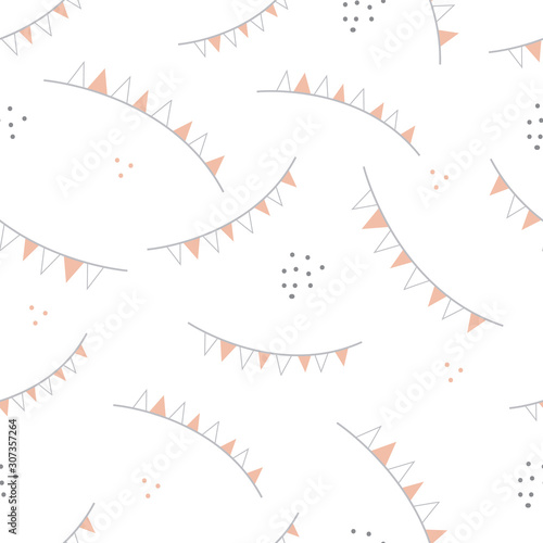 Vector repeat pattern with grey and orange party flags on white background. Pastel colors. One of " The Owls" collection patterns.