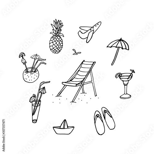 Hand drawn set of summer vacation’s symbols: beach chair, flip flops, cocktails, paper boat, pineapple, seagull, umbrella and plane. Doodle style in black ink on white background. Vector illustration.