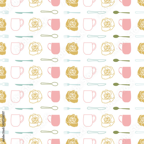 Regular repeat vector pattern with teacups and flowers on white background. One of  Tea Garden Party  collection patterns.