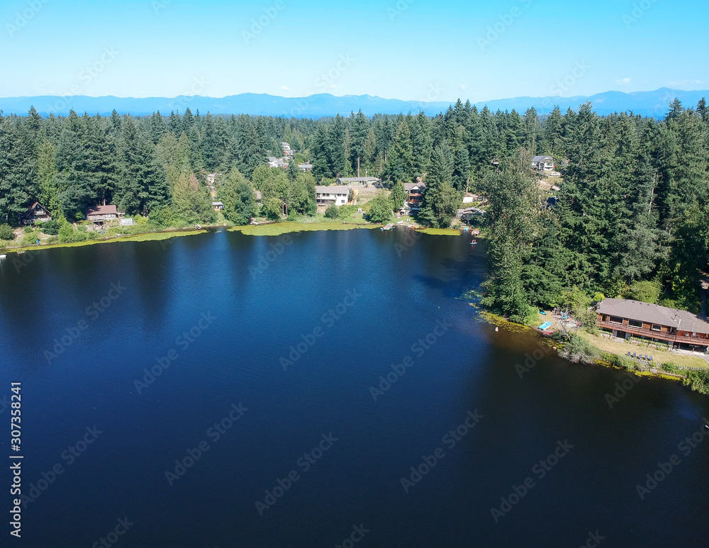 Tranquil Lake Bonney on a warm sunny day in Bonney Lake Washington State
