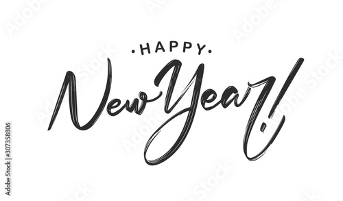 Handwritten calligraphic lettering of Happy New Year on white background.