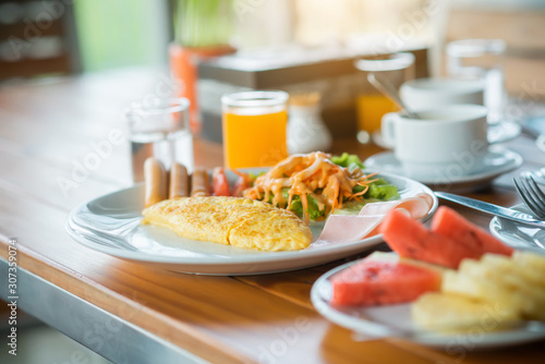 Breakfast  sausage  Omelette  eggs with salad on the table. Selective focus.