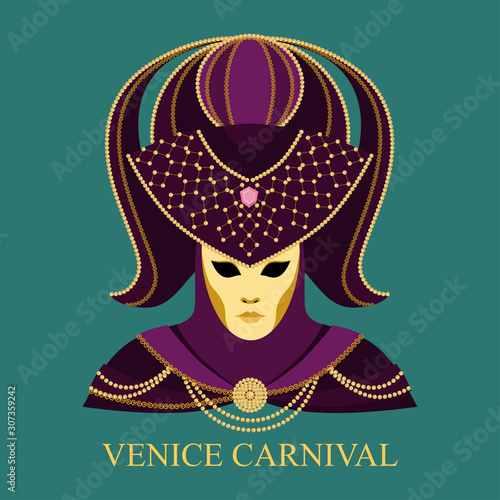 Carnival mask decorated with gold decorative elements. Traditional venetian mask.