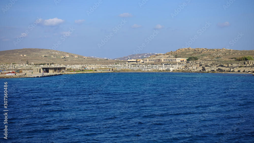 Iconic and amazing archaeological site of uninhabited island of Delos, Cyclades, Greece