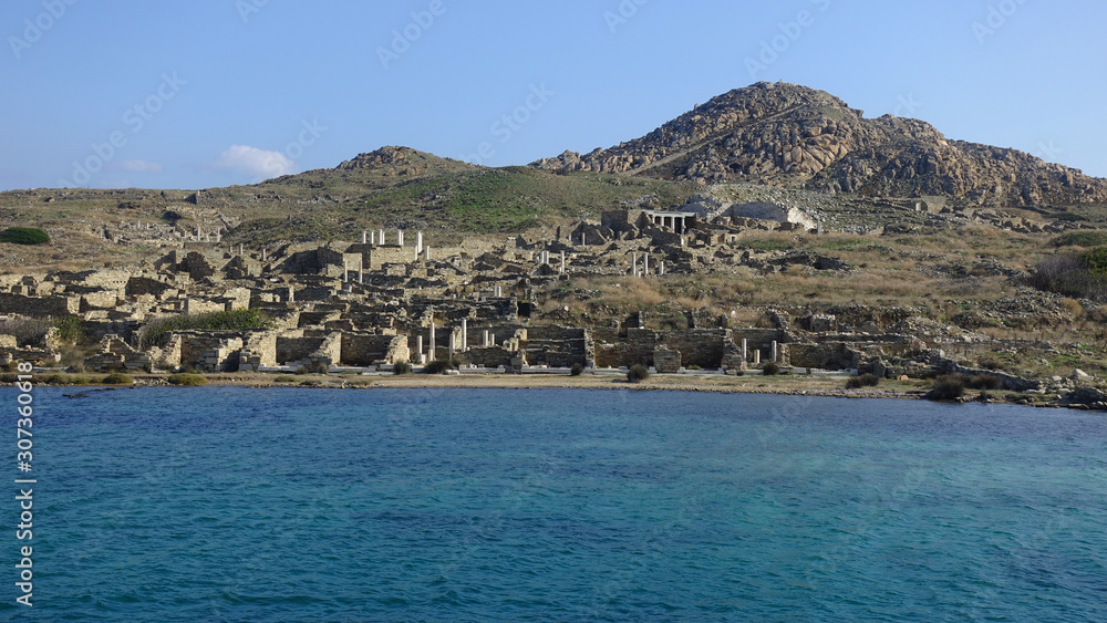 Iconic and amazing archaeological site of uninhabited island of Delos, Cyclades, Greece