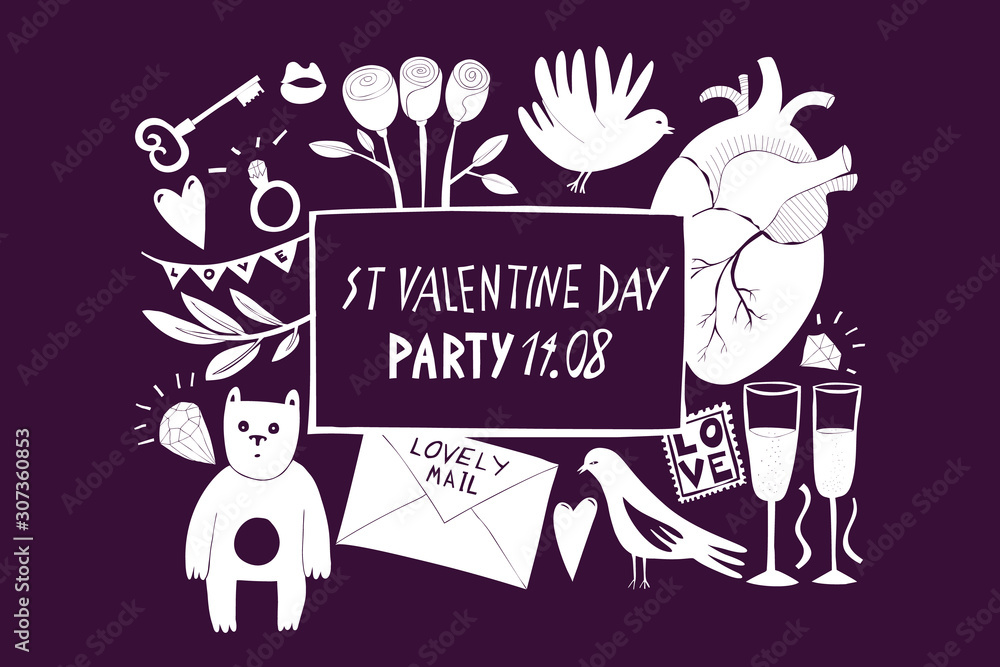 St Valentine Day banner template. Vector hand drawn illustrations on dark background. Design with Valentines Day symbols. Can be used as flyer or invitation