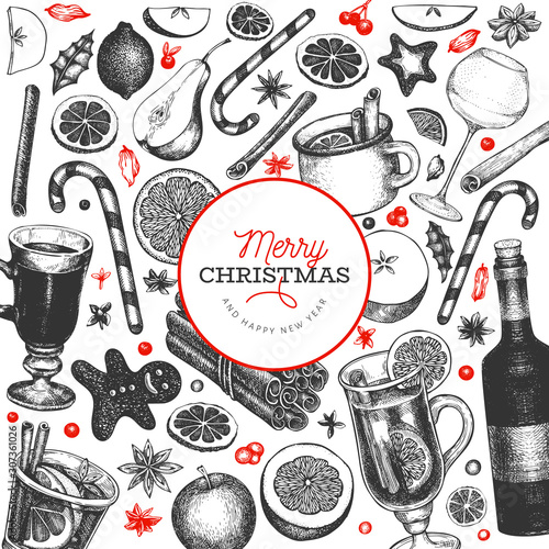 Winter drinks vector design template. Hand drawn engraved style mulled wine, hot chocolate, spices illustrations. Vintage christmas background.
