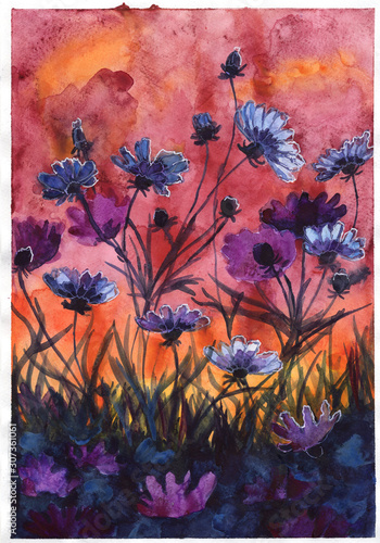 watercolor illustration sunset evening flowers orange yellow blue purple red colors