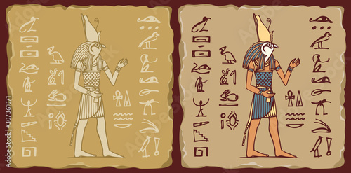 Set of vector banners in the form of ceramic tiles with God Horus with hieroglyphs. The Ancient Egyptian god of kingship and the sky with a falcon head. Advertising posters or flyers for travel Agency