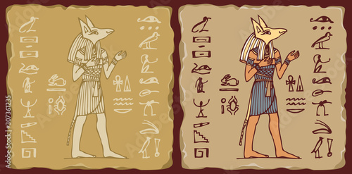 Set of vector banners in the form of ceramic tiles with God Anubis and hieroglyphs. The Ancient Egyptian god of death, the afterlife with a canine head. Advertising posters or flyers for travel Agency