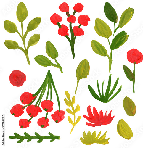 Collection with hand drawn autumn red berries  flowers and green leaves and branches. Gouache and watercolor drawing. Floral decorative texture. For textile  post cards and wrapping paper.