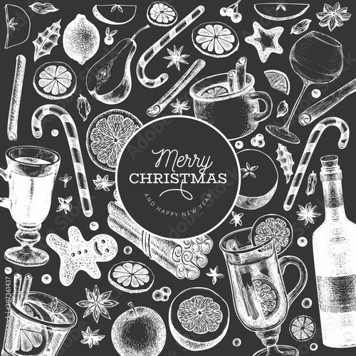 Winter drinks vector banner template. Hand drawn engraved style mulled wine, hot chocolate, spices illustrations on chalk board. Vintage christmas background.