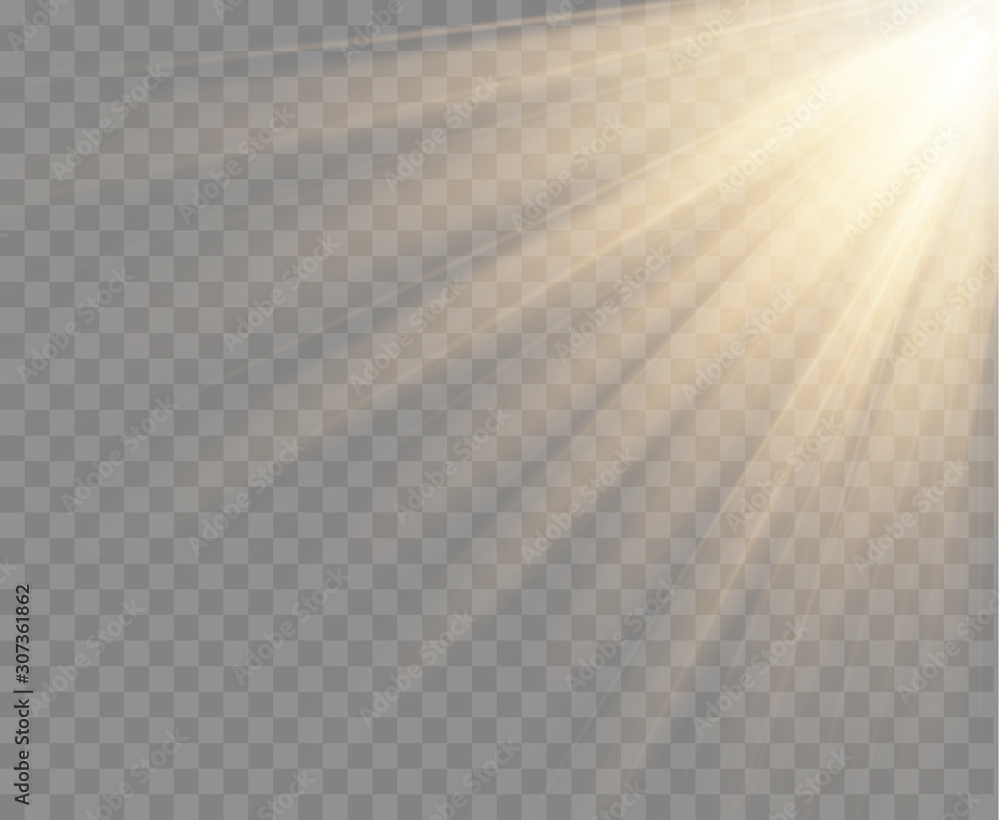 Spotlight isolated on transparent background. Vector sunlight with gold