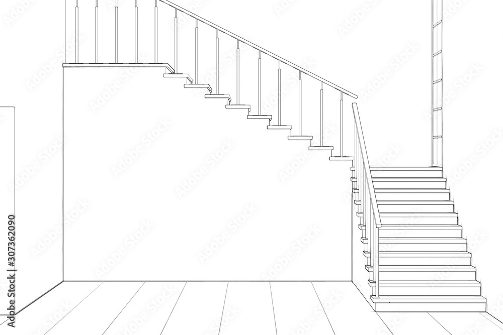 A sketch of an empty two-light living room with a stairwell. Front view. d render A sketch of an empty two-light living room with a stairwell. Front view. d render
