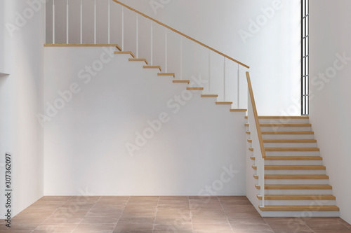 An empty two-light white living room with a stairwell. Front view. 3d render