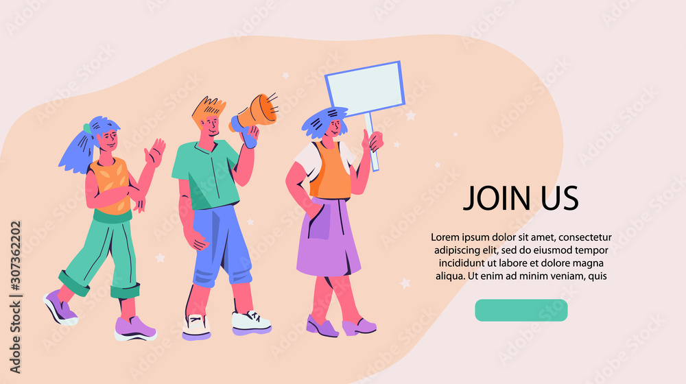 Obraz premium Join us! -header and people shouting in loud speaker and recruiting or proposing to join to business team, referral program. Advertising and announcement, cooperation offer vector banner.