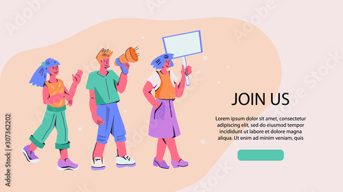 Join us! -header and people shouting in loud speaker and recruiting or proposing to join to business team, referral program. Advertising and announcement, cooperation offer vector banner.