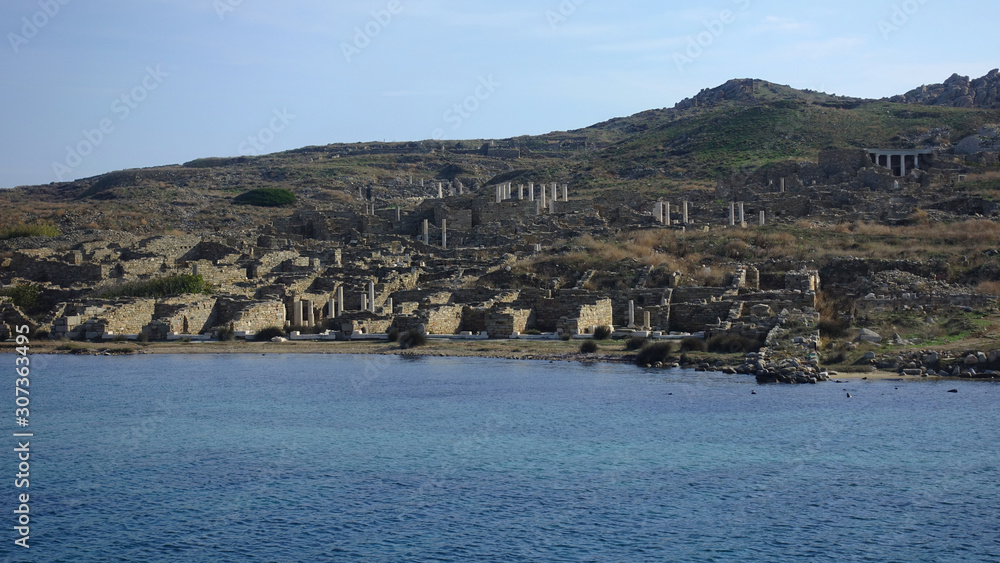 Iconic and amazing archaeological site in uninhabited island of Delos, Cyclades, Greece