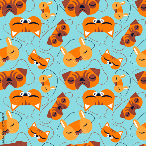 Sleep mask pattern. Beautiful sleep mask seamless pattern, great design for any purposes. Cute faces of cat and hamster, dogs.   Textile design. Beautiful vector illustration.
