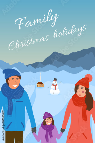 Family winter holidays and weekends. Xmas and New Year vector illustration of a loving happy people on a vacation. Close-up dad, mom and child walking in nature on a background of mountain landscape.