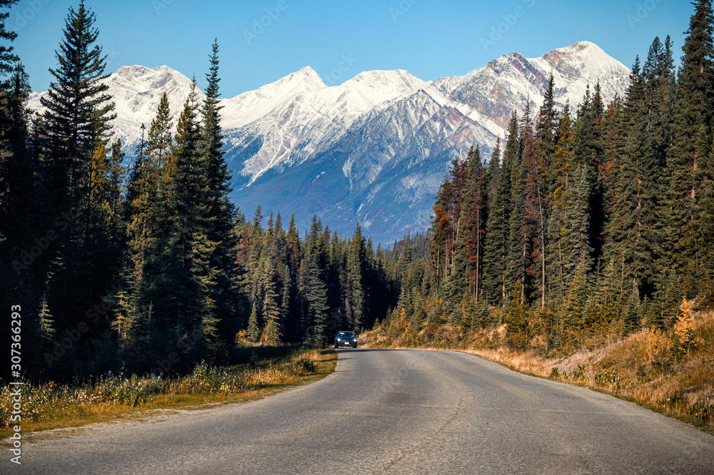 Scenic road trip with snow on rocky mountain in autumn forest at Jasper national park Scenic road trip with snow on rocky mountain in autumn forest at Jasper national park