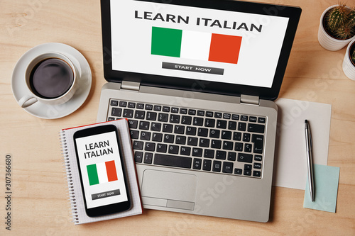 Learn Italian concept on laptop and smartphone screen