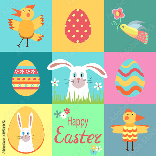 Happy easter. Set of elements for creating design cards, invitations, poster, banner. Easter icons. Easter bunny, painted eggs, rooster, chicken, bird with flower, lettering. Collection of pictures
