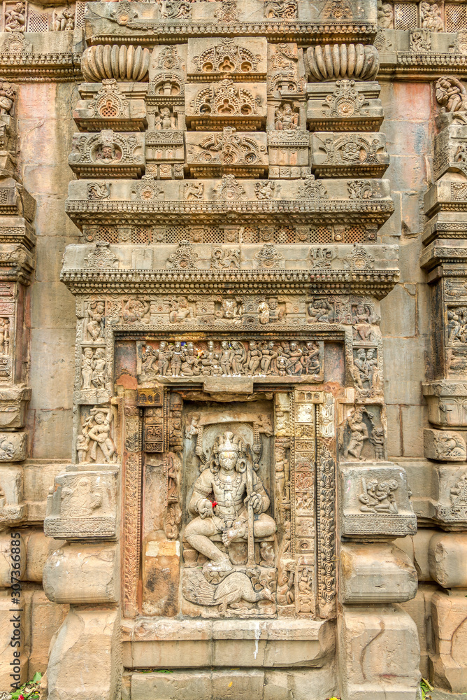 View at the Decorative stone relief of Parsurameswara Temple in Bhubaneswar  - Odisha, India