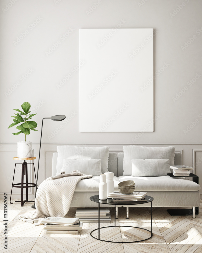 Fototapeta premium mock up poster frame in modern interior background, living room, Scandinavian style, 3D render, 3D illustration