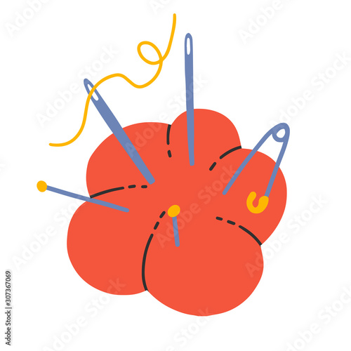 Puff pad for needles, sewing pad with pins clip art. Simple hand drawn modern doodle drawing, isolated vector illustration in trendy sketch style. Atelier or handicraft sewing hobby symbol, crafts