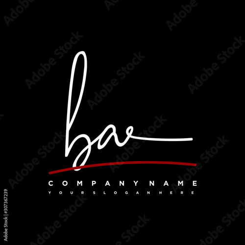 BA signature initials. Handwritten logo vector template with red underline. Hand drawn Calligraphy lettering Vector illustration.