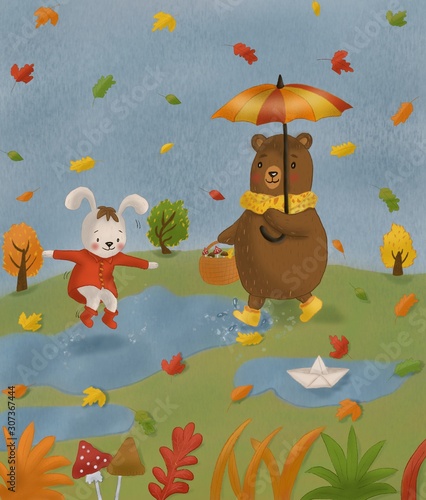 Cute illustration. Autumn. Bunny jumping through puddles  a bear carries a basket of mushrooms