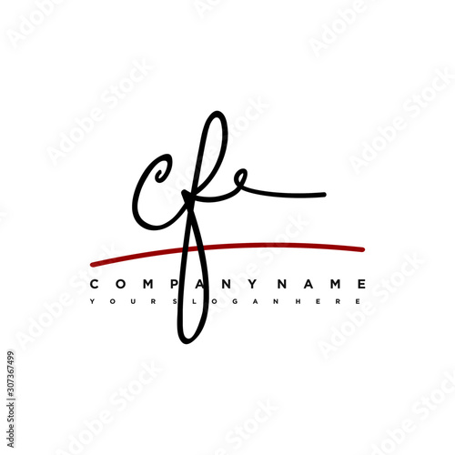 CF signature initials. Handwritten logo vector template with red underline. Illustration of hand drawn calligraphy Illustration.