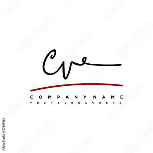 CV signature initials. Handwritten logo vector template with red underline. Illustration of hand drawn calligraphy Illustration.