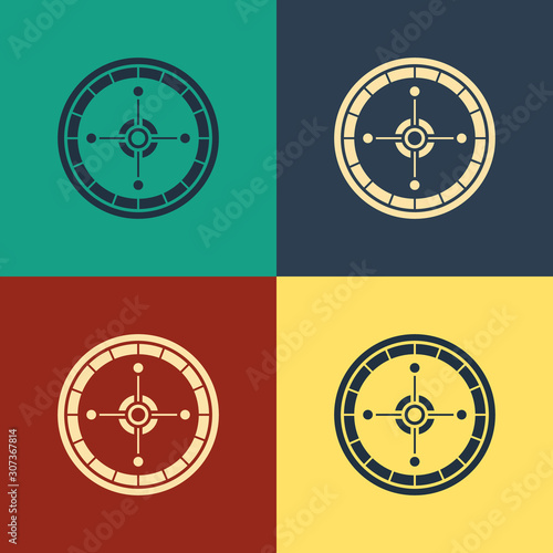 Color Casino roulette wheel icon isolated on color background. Vintage style drawing. Vector Illustration