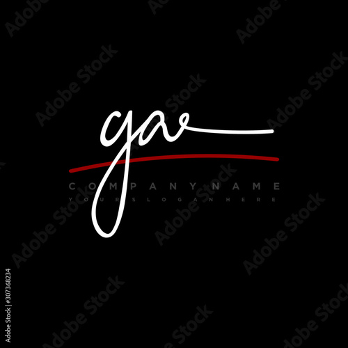 GA signature initials. Handwritten logo vector template with red underline. Hand drawn Calligraphy lettering Vector illustration.