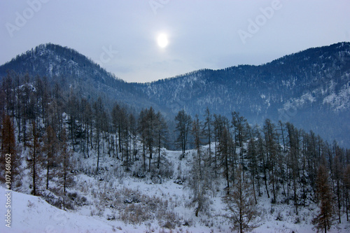 Winter landscape of the mountain tops covered by snow