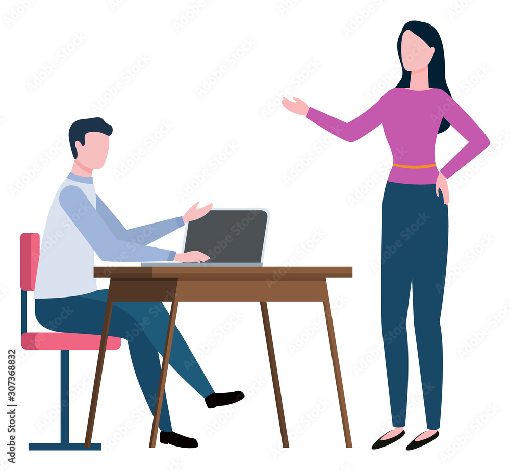 Broker collaboration or worker consultation to client on workplace. Man communication with laptop, woman speaking, company work, professional vector Broker collaboration or worker consultation to client on workplace. Man communication with laptop, woman speaking, company work, professional vector