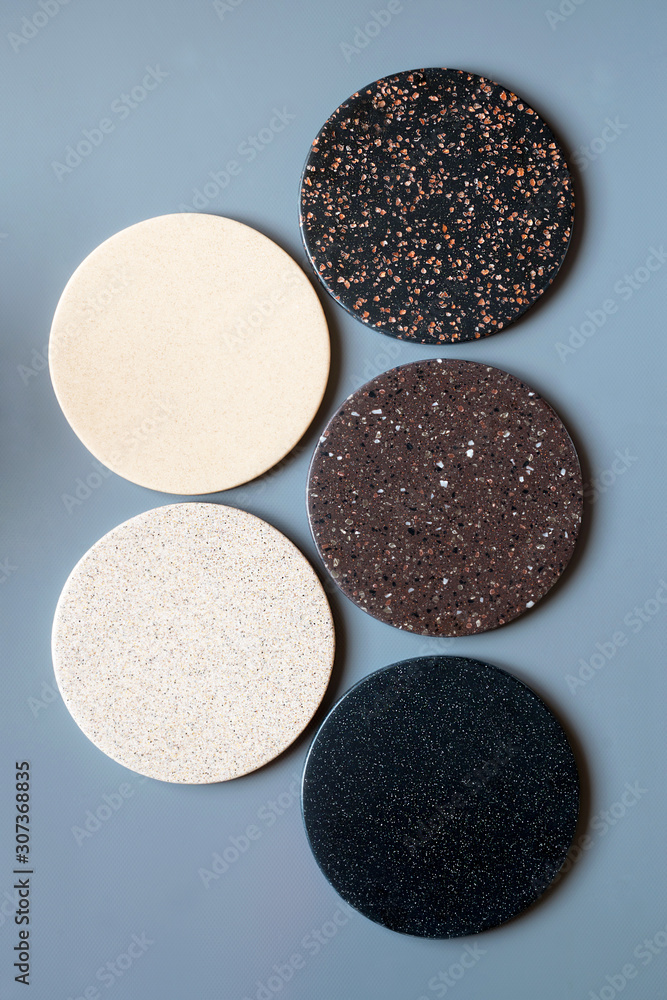 Round coasters made of artificial stone tabletop. Food stand. Round coasters made of artificial stone tabletop. Food stand.