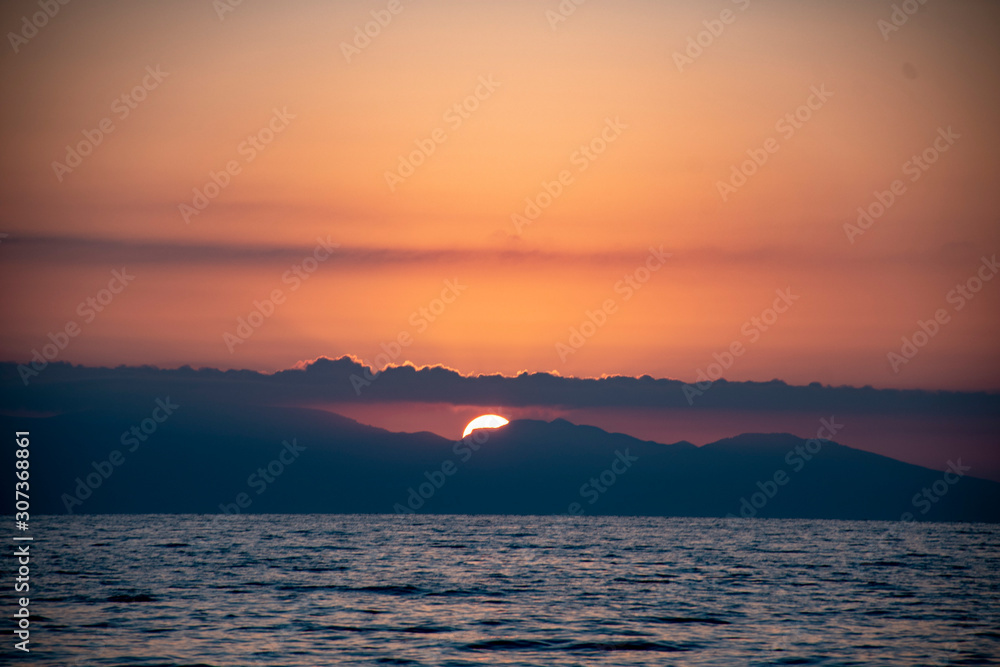 Sunset at sea. Yacht.