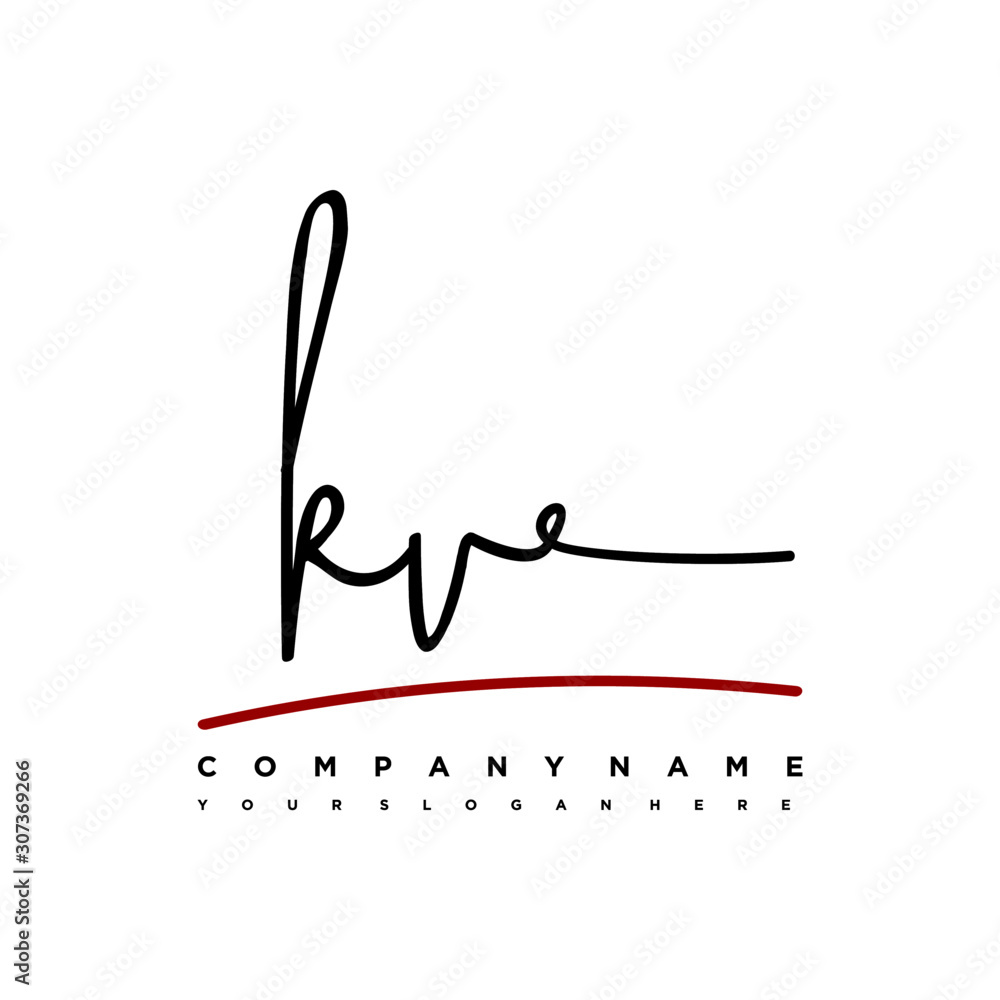 KV signature initials. Handwritten logo vector template with red underline. Hand drawn Calligraphy lettering Vector illustration.