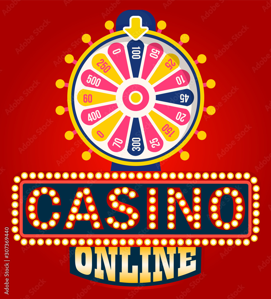 Casino online vector, shining signboard with retro bulbs. Fortune wheel with spinning circle and money sum, gaming and gambling. Lucky circle or lucky rotation. Wheel luck in flat style Casino online vector, shining signboard with retro bulbs. Fortune wheel with spinning circle and money sum, gaming and gambling. Lucky circle or lucky rotation. Wheel luck in flat style