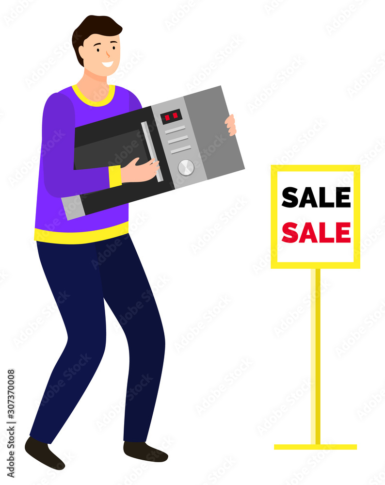 Man buying microwave oven from electronics shop. Happy character carrying electric appliance for kitchen on sale. Discounts and clearance for shoppers at market. Isolated male with device vector Man buying microwave oven from electronics shop. Happy character carrying electric appliance for kitchen on sale. Discounts and clearance for shoppers at market. Isolated male with device vector